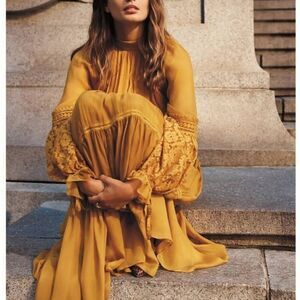 Atsu Anthropologie Womens Crochet Maxi Dress XS Yellow Tiered Boho Cottagecore